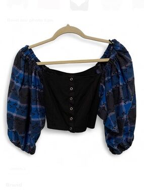 Urban Outfitters Blue Plaid Puff Sleeves Boho Crop Top